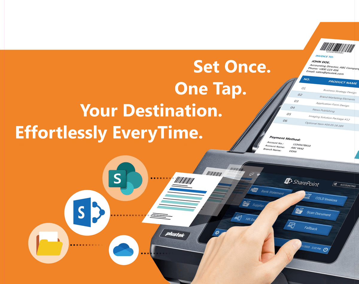 Plustek eScan touchscreen routing a scanned invoice to SharePoint
