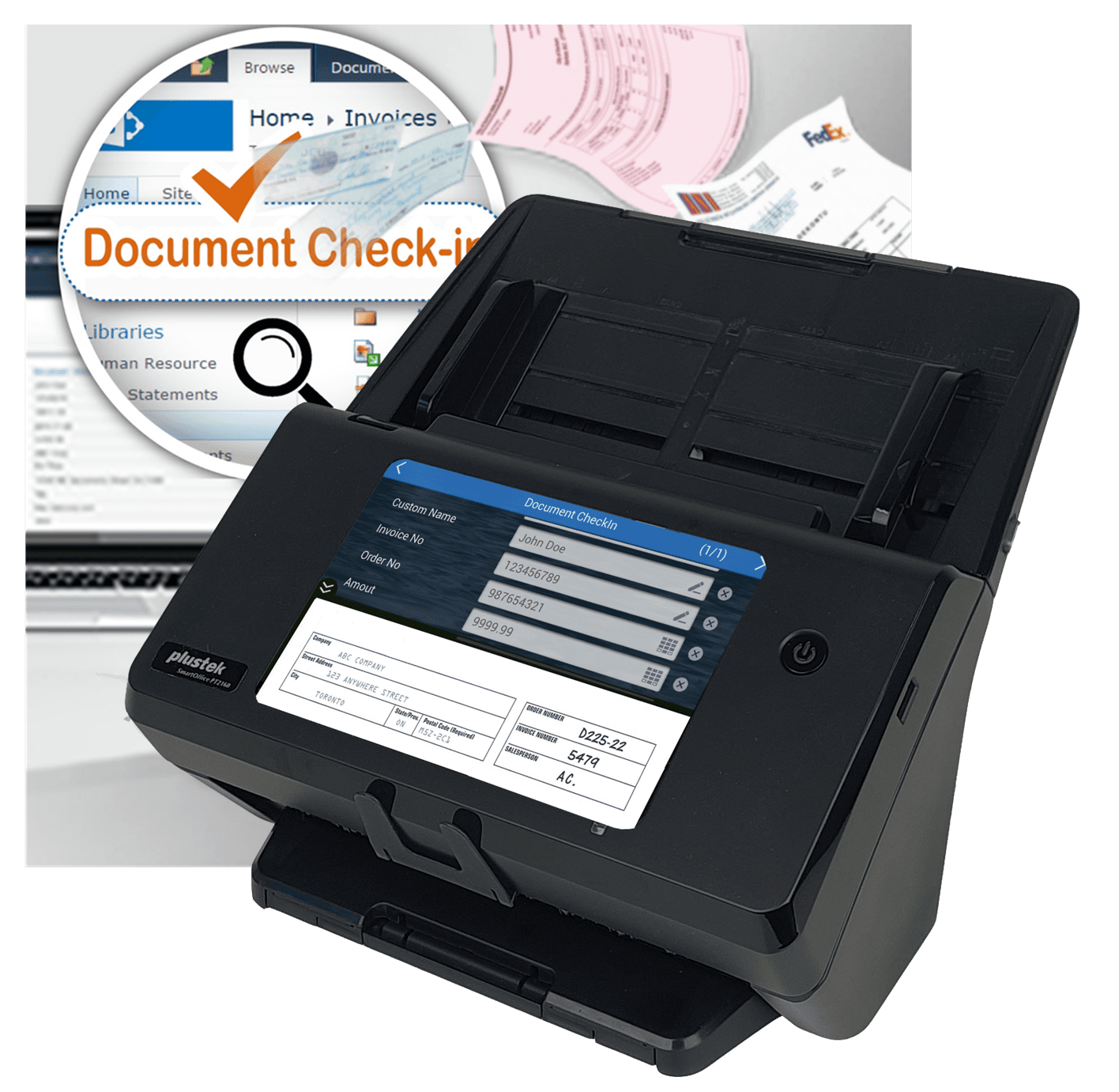 eScan touchscreen prompting SharePoint check-in metadata — invoice number, order number and amount